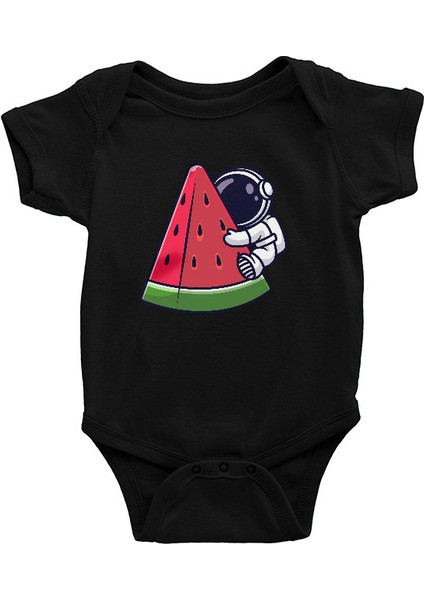 Karpuz Dilimi ve Sevimli Astronot Siyah Unisex Bebek Body - Zıbın