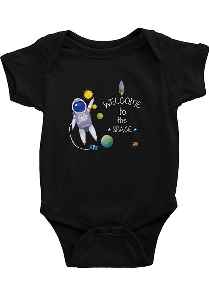 Galaksiye Hoşgeldiniz Siyah Unisex Bebek Body - Zıbın