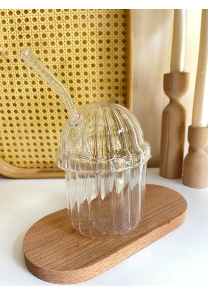 Cam Oval Kapaklı Isıya Dayanıklı Pinterest Bardak | Kahve ve Sunum Bardağı| 430 ml