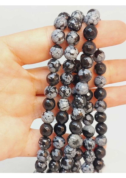 Kar Tanesi Obsidyen Taşı Faset Kesim Dizi 7.5mm (49252)