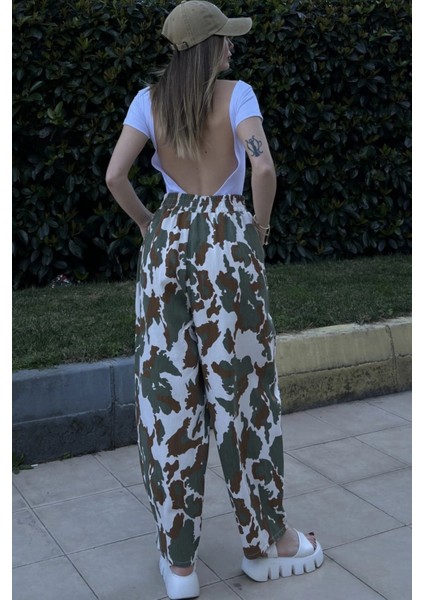 Kadın Haki Beli Lastikli, Cepli, Desenli Gabardin Kumaş, Salaş Pantolon fiyatları