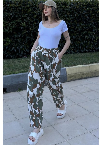 Kadın Haki Beli Lastikli, Cepli, Desenli Gabardin Kumaş, Salaş Pantolon modelleri