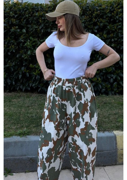 Kadın Haki Beli Lastikli, Cepli, Desenli Gabardin Kumaş, Salaş Pantolon fırsatları