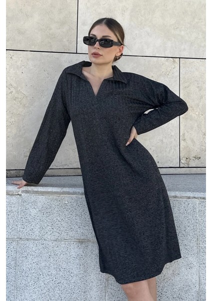 Kadın Antrasit Polo Yaka, Kendinden Desenli, Basic Kalıp, Uzun Kollu Midi Triko Elbise