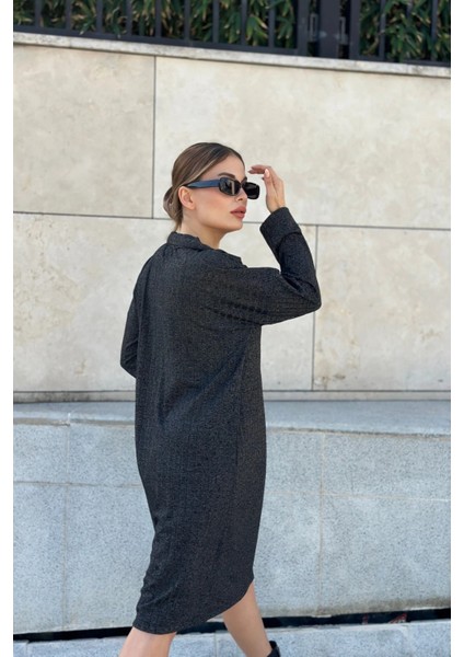 Kadın Antrasit Polo Yaka, Kendinden Desenli, Basic Kalıp, Uzun Kollu Midi Triko Elbise fiyatları