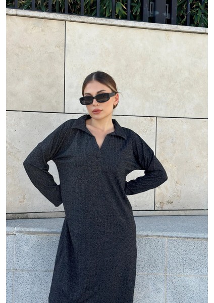 Kadın Antrasit Polo Yaka, Kendinden Desenli, Basic Kalıp, Uzun Kollu Midi Triko Elbise modelleri