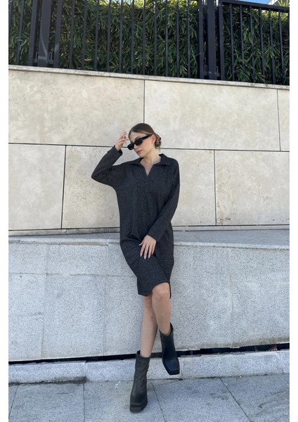 Kadın Antrasit Polo Yaka, Kendinden Desenli, Basic Kalıp, Uzun Kollu Midi Triko Elbise fırsatları