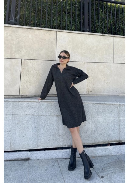 Kadın Antrasit Polo Yaka, Kendinden Desenli, Basic Kalıp, Uzun Kollu Midi Triko Elbise indirimleri