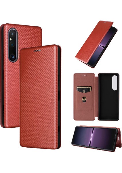 Sony Xperia 1 V 2023 Için Kılıf Deri Folio Flip Case Manyetik Karbon (Yurt Dışından)