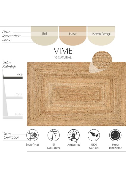 Vime 10 Natural Jüt Halı Yolluk El Dokuma Jüt Kilim Hasır Halı Dekor Otantik Halı Bohem El Halısı