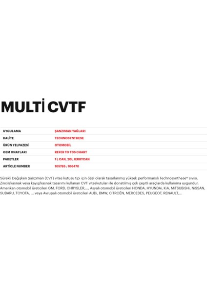 Multi Cvtf Sentetik Şanzıman Yağı 1 L fiyatları