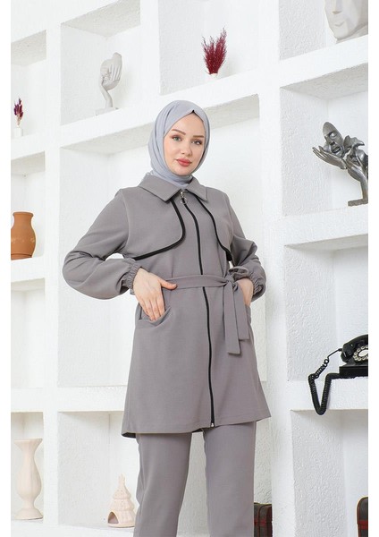 Tesettür Bolero Detaylı Scuba Takım BRC1305-1 Gri