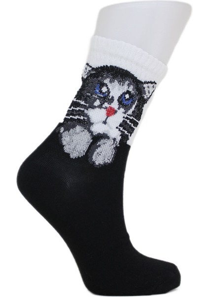 Look Socks Yavru Kedi Desenli Siyah Kolej Çorap