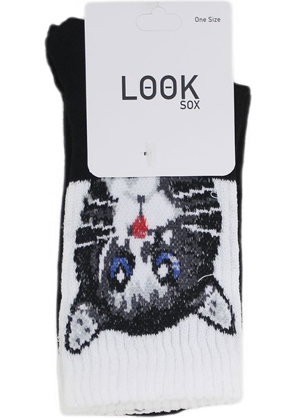 Look Socks Yavru Kedi Desenli Siyah Kolej Çorap