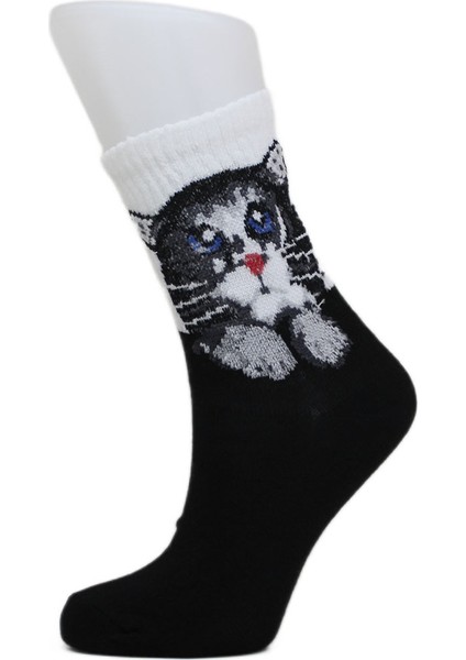 Look Socks Yavru Kedi Desenli Siyah Kolej Çorap 3 Çift