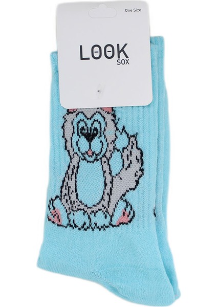 Look Socks Kedi Karakter Desenli Mavi Kolej Çorap 3 Çift