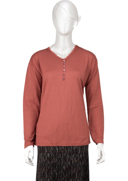 Kadın Turlu Viskon Penye Anne Bluz Şık Fırfırlı V Yaka Normal Kesim Likralı