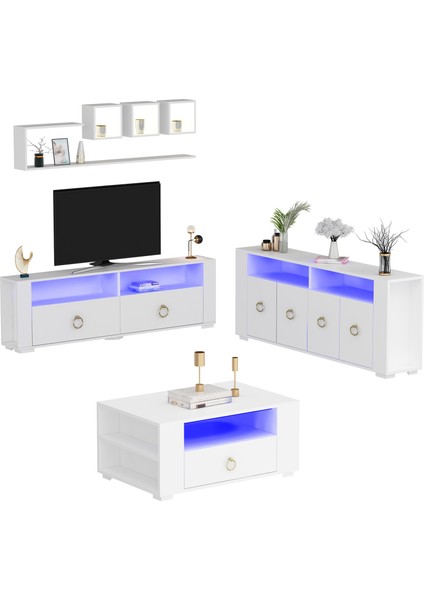 Klein LED Aydınlatmalı ,spot Işıklı Tv Ünitesi, Orta Sehpa ve Konsol Salon Takımı Beyaz-Altın