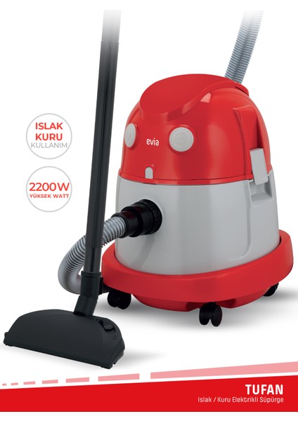 tufan 20 Litre Geniş Hazneli 2200 Watt Islak Kuru Toz Torbalı Süpürge Elektrikli Süpürge