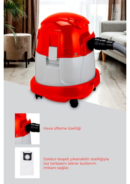 tufan 20 Litre Geniş Hazneli 2200 Watt Islak Kuru Toz Torbalı Süpürge Elektrikli Süpürge
