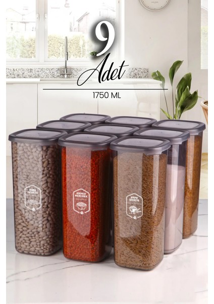 9'lu Jumbo Boy Etiketli Square Kare Erzak Saklama Kabı Seti 1750 ml - Sert Kapak Büyük Kavanoz