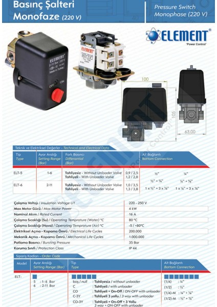 Elt-6co-3y (2-11) 3 Yollu On/off Kompresör Basınç Şalteri 220V- 1/2''