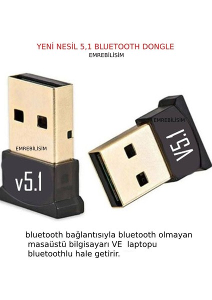 Emre Bilişim Masaüstü Bilgisayar Bluetooth Aparatı Çevirici Dönüştürücü Mini Bluetooth Adaptör Dongle 5.1 Yeni