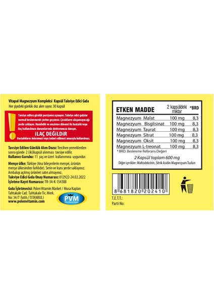 Magnezyum Kompleks 2X60 Kapsül Magnesium Complex Malat Bisglisinat Taurat Sitrat Oksit L-Treonat modelleri