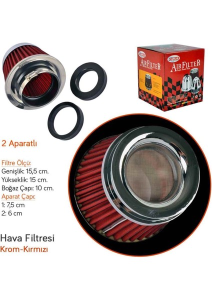 Carub Performans ve Ses Arttırıcı Açık Hava Filtresi +6 Hp Kapalı Tip Kırmızı Aparatlı Üniversal modelleri