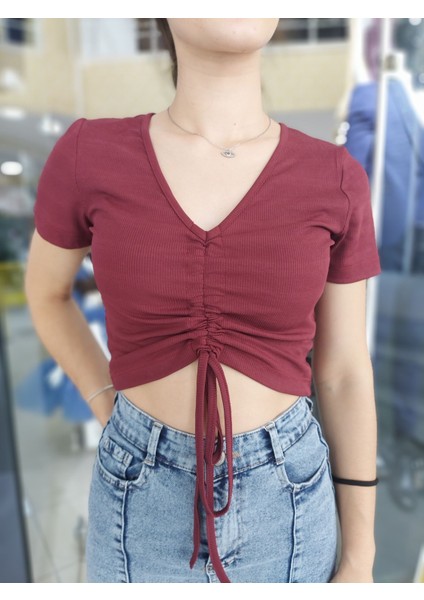 2790 V Yaka Önden Büzgülü Crop fiyatları