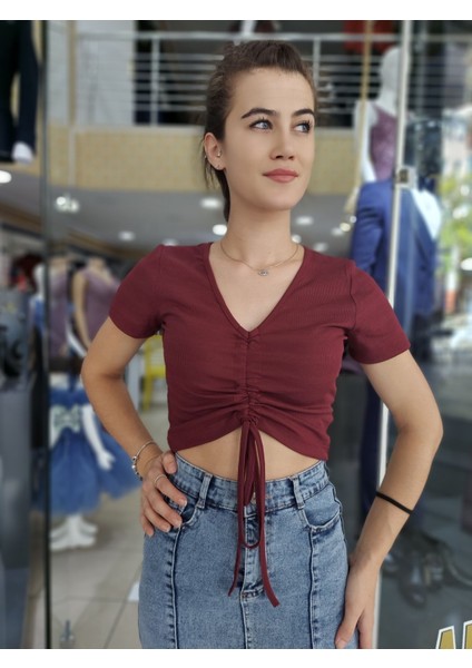 2790 V Yaka Önden Büzgülü Crop modelleri