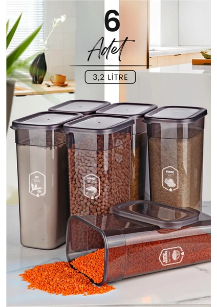 Kitchen Life 6'lı Mega Boy Etiketli Dikdörtgen Erzak Saklama Kabı Seti 3200ML Çay Şeker Saklama Kabı 3.2 Litre