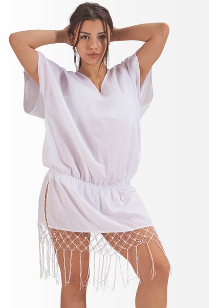 Vual Pareo Örme Püsküllü Salkım Model Beyaz