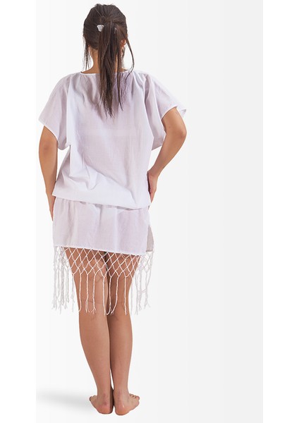 Vual Pareo Örme Püsküllü Salkım Model Beyaz