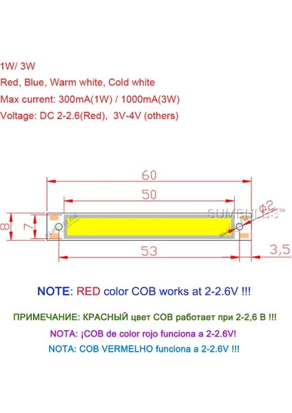 3W Tarzı Kırmızı Sumbulbs 60*8mm 2V 3V Cob LED Ampul Şerit Kırmızı Mavi Sıcak Soğuk Beyaz 1W 3W 3.7V Dıy Çalışma Lambaları Için LED Aydınlatma Kaynağı (Yurt Dışından)