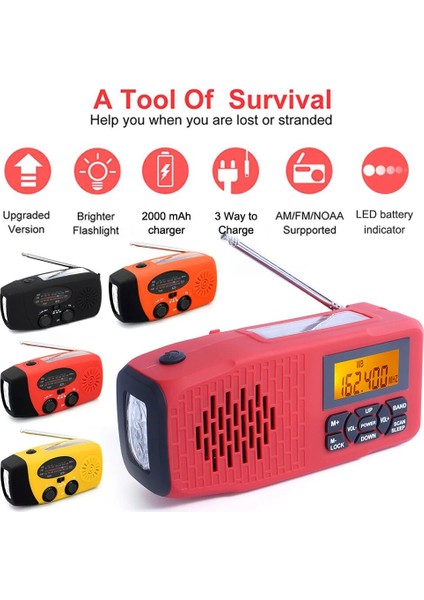 Kırmızı Ah Çok Fonksiyonlu Taşınabilir Radyo El Krank Güneş USB Şarj Fm Am Wb Noaa Hava Durumu Radyo Acil Durum LED El Feneri Torch (Yurt Dışından) modelleri