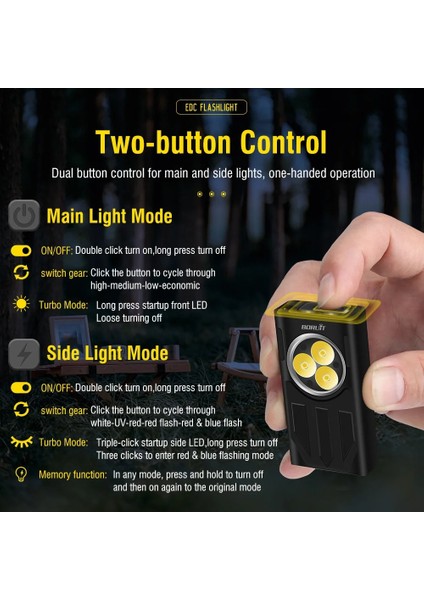 Siyah Boruit V7 Edc El Feneri 1100LM Anahtarlık El Feneri Tip-C Şarj Edilebilir Mini Torch Su Geçirmez Anahtarlık Mıknatıs Fener Uv Işık (Yurt Dışından) modelleri