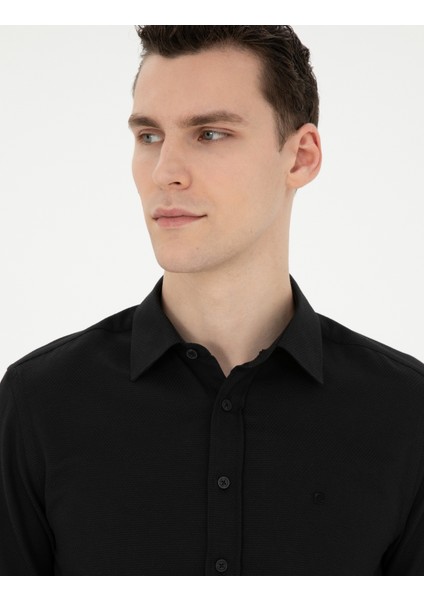 Erkek Siyah Slim Fit Armürlü Uzun Kollu Gömlek 50289391-VR046