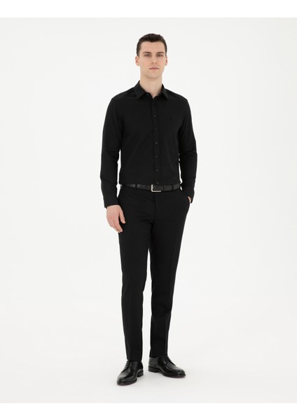 Erkek Siyah Slim Fit Armürlü Uzun Kollu Gömlek 50289391-VR046