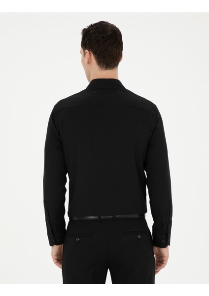 Erkek Siyah Slim Fit Armürlü Uzun Kollu Gömlek 50289391-VR046