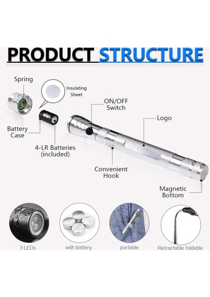 Gümüş Mıknatıs 3xled Magnetkup Aracı, Teleskopik Esnek Genişletilebilir LED El Fenerleri, Mükemmel Mekanik Toplama Araçları Hediyeler (Yurt Dışından) fırsatları