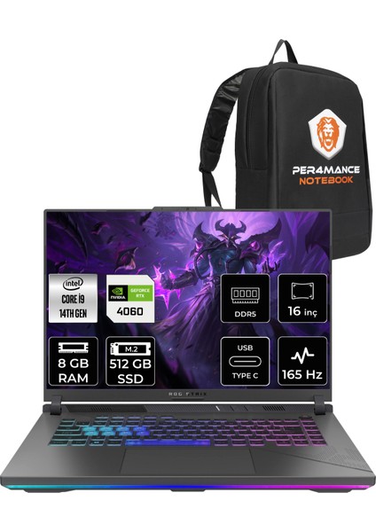 Rog Strix G16 Intel Core I9 14900HX 8gb 512GB SSD RTX4060/8GB 165Hz 16" Fhd+ Fdos Taşınabilir Bilgisayar N3095 & Per4 Çanta N3095P302