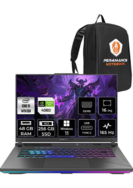 Rog Strix G16 Intel Core I9 14900HX 48GB 256GB SSD RTX4060/8GB 165Hz 16" Fhd+ W11H Taşınabilir Bilgisayar N3095 & Per4 Çanta N3095P366