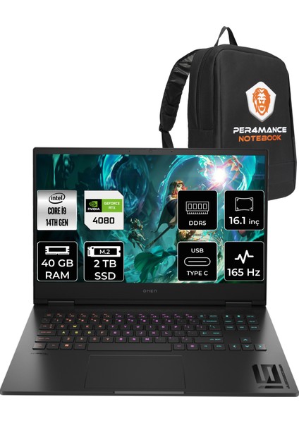 Omen 16 Intel Core I9 14900HX 40GB 2tb SSD RTX4080/12GB 165Hz 16.1" Fhd Fdos Taşınabilir Bilgisayar & Per4 Çanta 9J2A5EAPN324