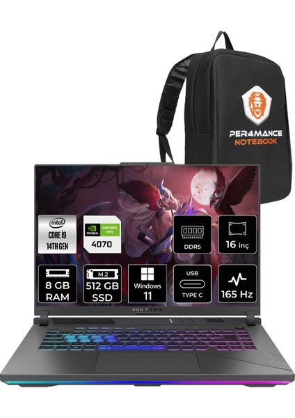 Rog Strix G16 Intel Core I9 14900HX 8gb 512GB SSD RTX4070/8GB 165Hz 16" Fhd+ W11P Taşınabilir Bilgisayar N3088 & Per4 Çanta N3038P382