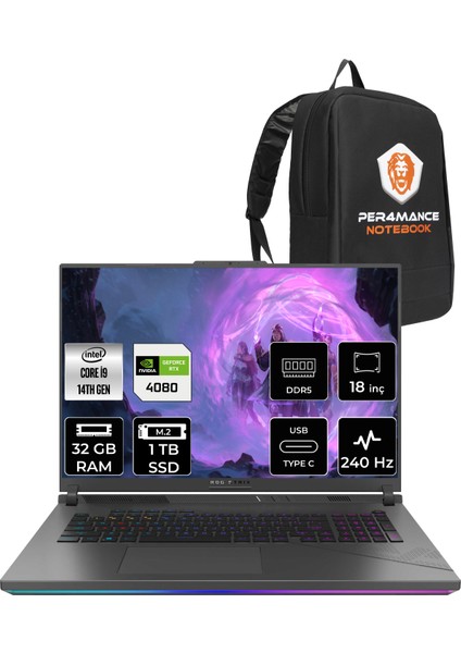 Rog Strix G18 Intel Core I9 14900HX 32GB 1tb SSD RTX4080/12GB 240Hz 18" Qhd+ Fdos Taşınabilir Bilgisayar N6092 & Per4 Çanta N6092P318