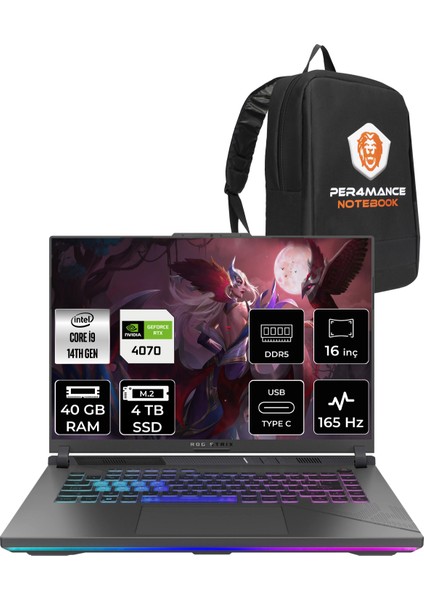 Rog Strix G16 Intel Core I9 14900HX 40GB 4tb SSD RTX4070/8GB 165Hz 16" Fhd+ Fdos Taşınabilir Bilgisayar N3088 & Per4 Çanta N3038P325