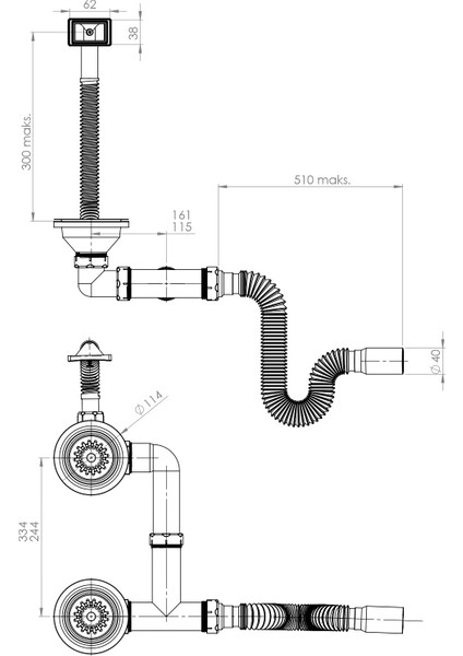 351-310 Çöpmak Çiftli Küvet Taşmalı Evye Sifonu Flex Gövde Ø 40-50 mm