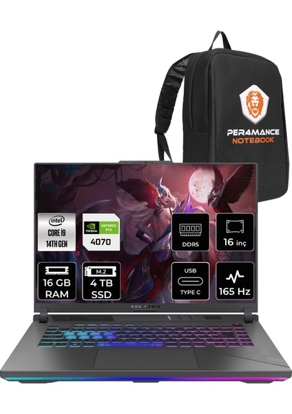 Rog Strix G16 Intel Core I9 14900HX 16GB 4tb SSD RTX4070/8GB 165Hz 16" Fhd+ Fdos Taşınabilir Bilgisayar N3088 & Per4 Çanta N3038P310