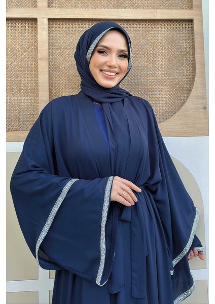 Bym Fashion Taş Işlemeli Kat Detay Şallı Abaya 7883 Lacivert